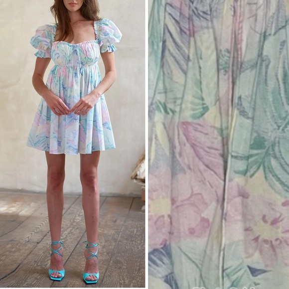 SELKIE The Parliament Floral Puff Sleeve Mini Dress Medium Pastel - Picture 1 of 14